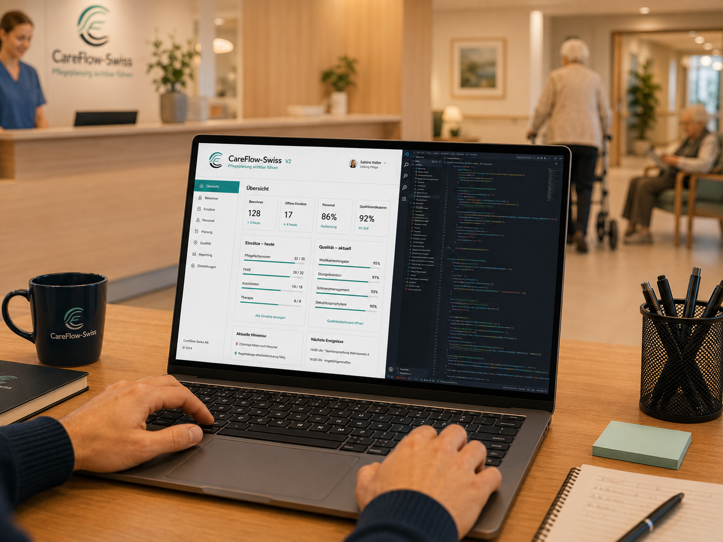 Laptop mit CareFlow-Swiss und Programmcode vor dem Hintergrund eines Pflegeheims